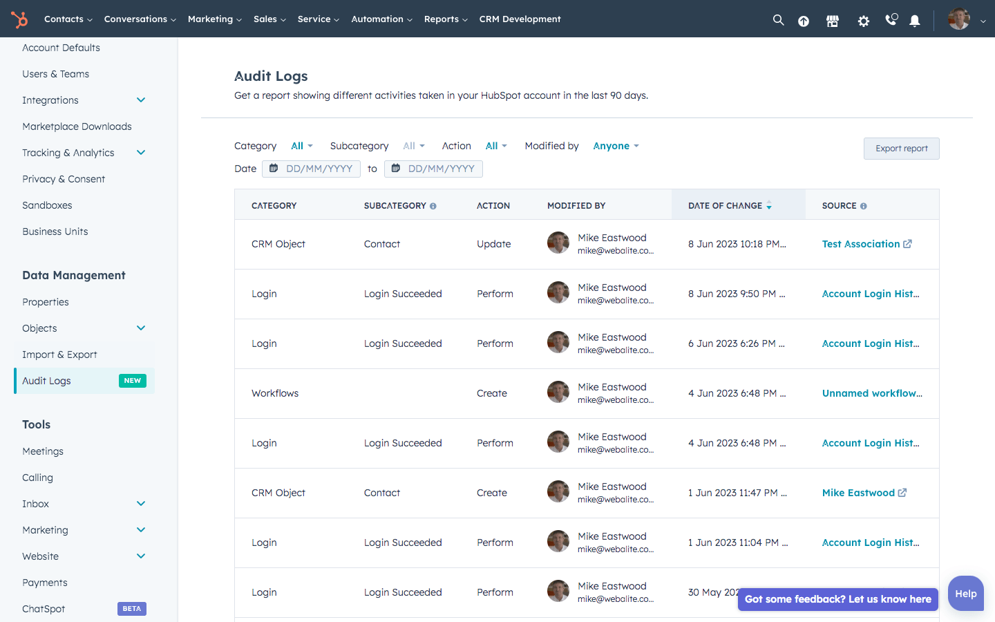 Details available in HubSpot Audit Logs