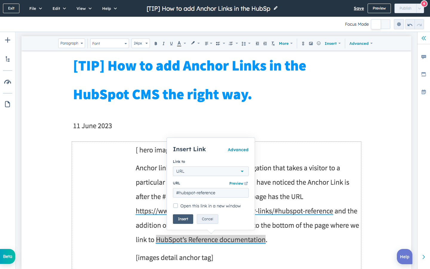 Adding Anchor Links in HubSpot