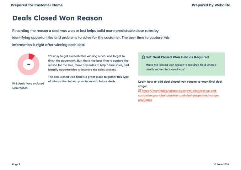 HubSpot Health Check Deals Closed Won Reason